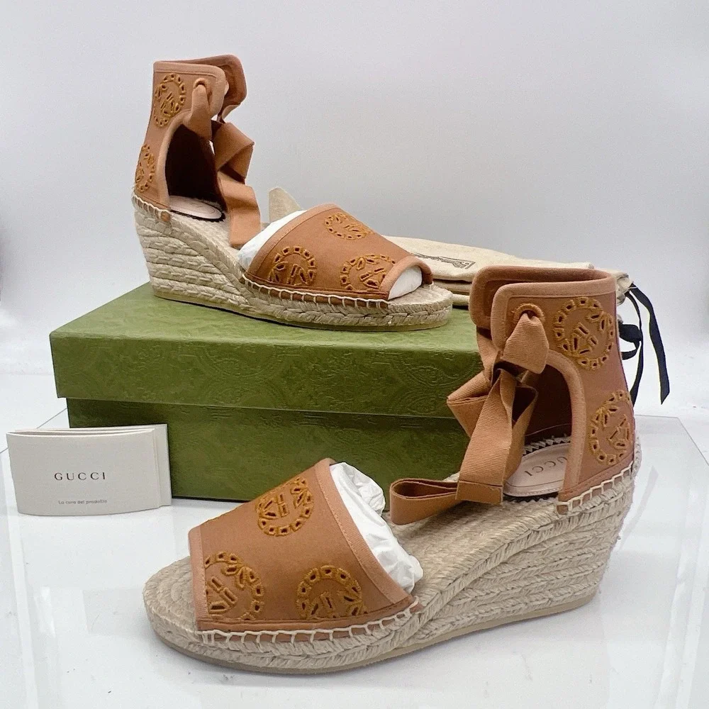 Gucci GG Damita Espadrille Wedge Sandal Eyelet Canvas Cognac Brown EU 38 US 8